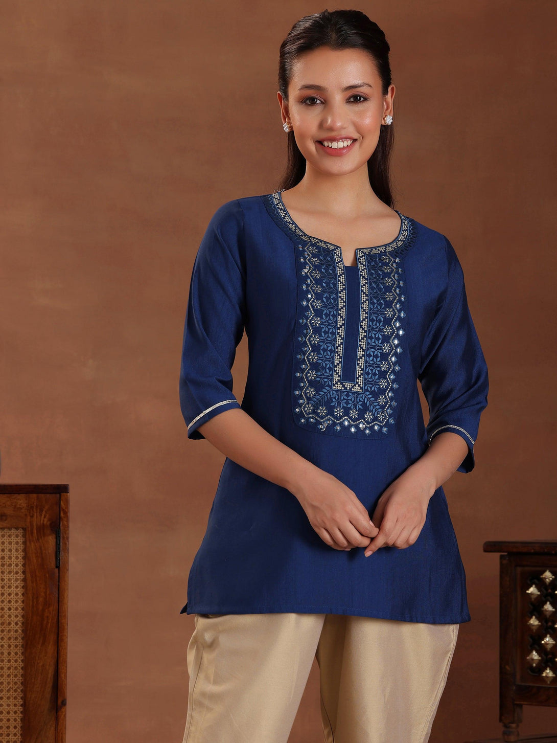 Blue Embroidered Silk Blend Straight Kurti - Jashvi