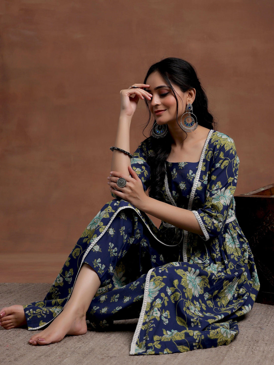 Blue Printed Cotton A-Line Kurta With Trousers - Jashvi