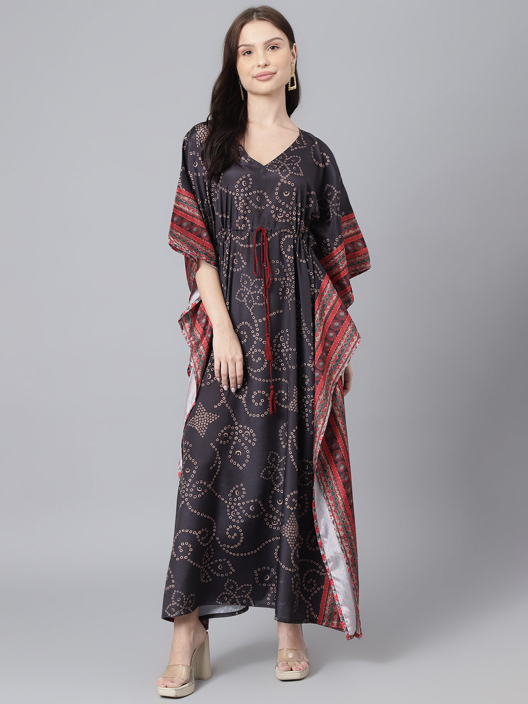 Women's Black Bandhej Print Crape Silk Kaftan Dress - DECKEDUP