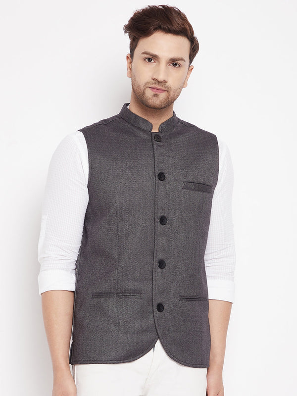 Men's Grey Color Woven Nehru Jacket - Even Apparels