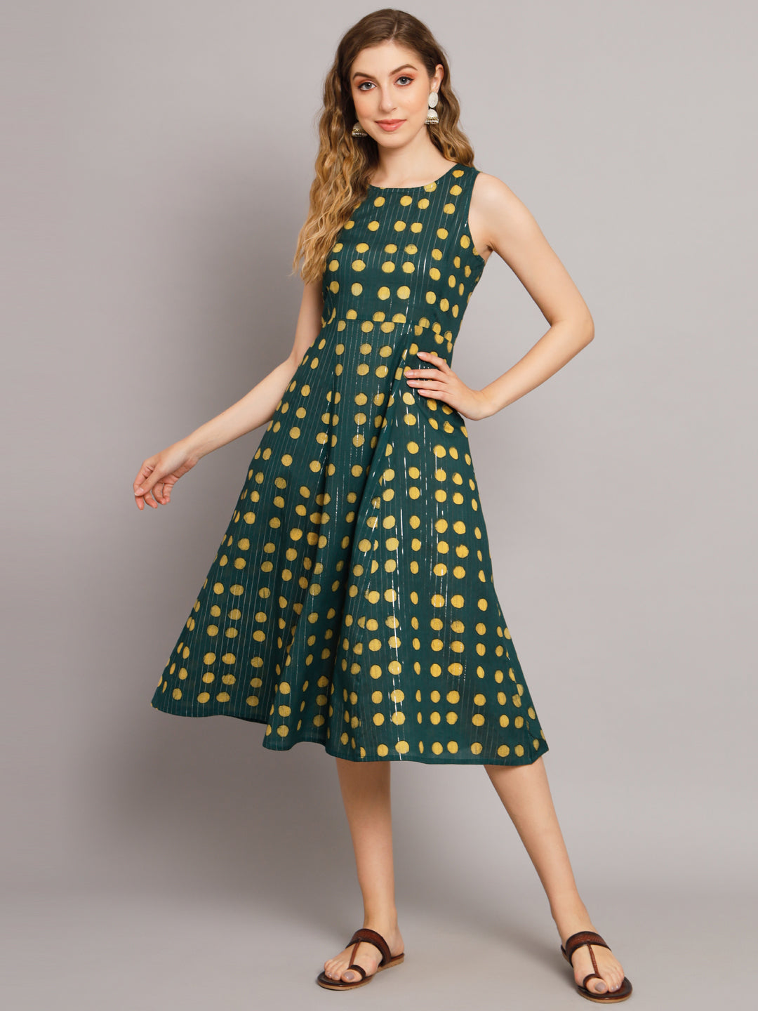 Women's Green Polka Dot  A-Line Pocket Dress - Deckedup