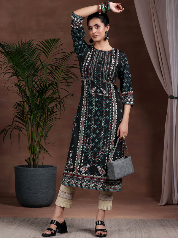 Black Printed Crepe Straight Kurta