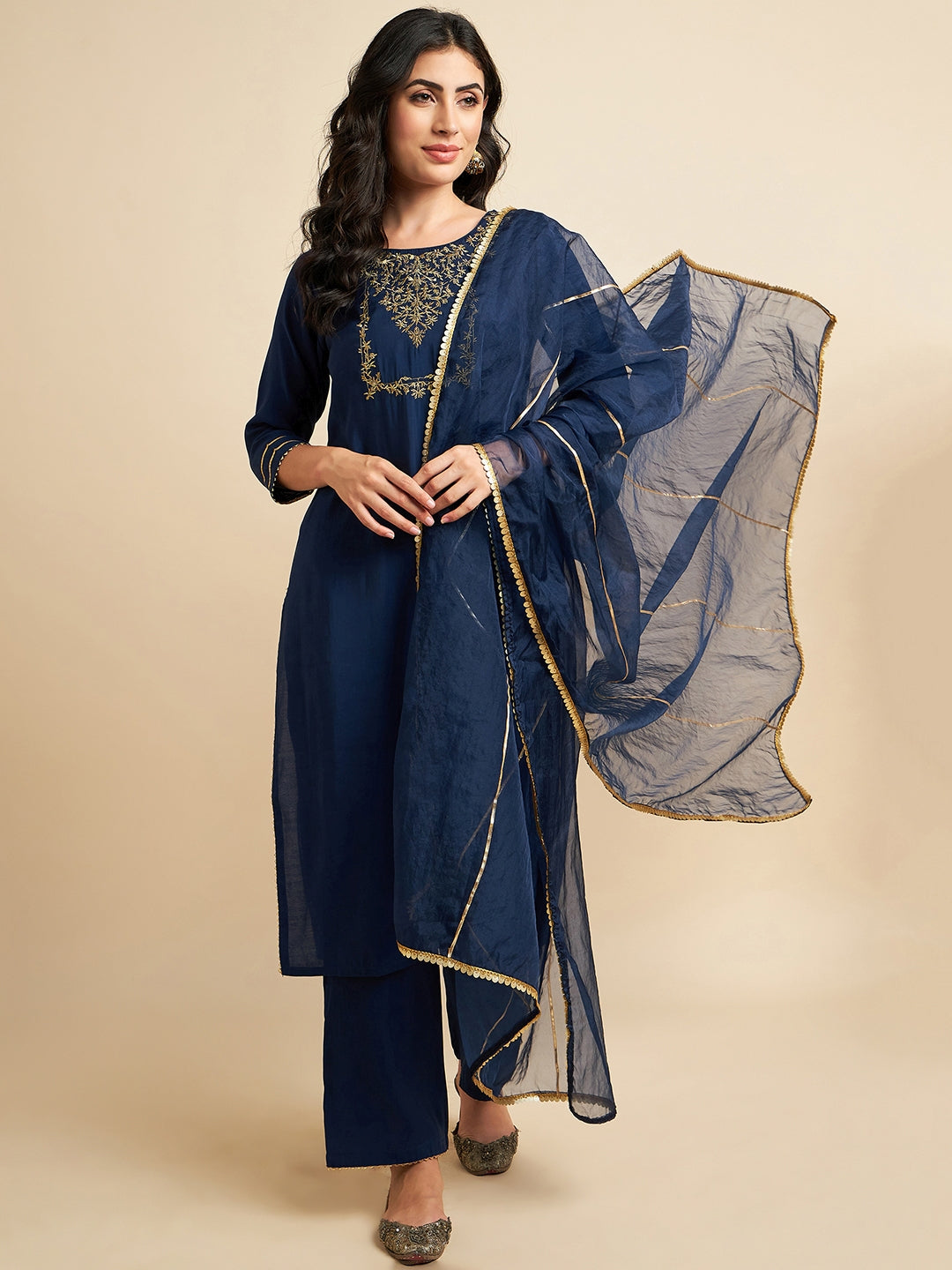 Women's Blue Rayon Silk Straight Calf Length Kurta With Palazzo Dupatta Set - Azira