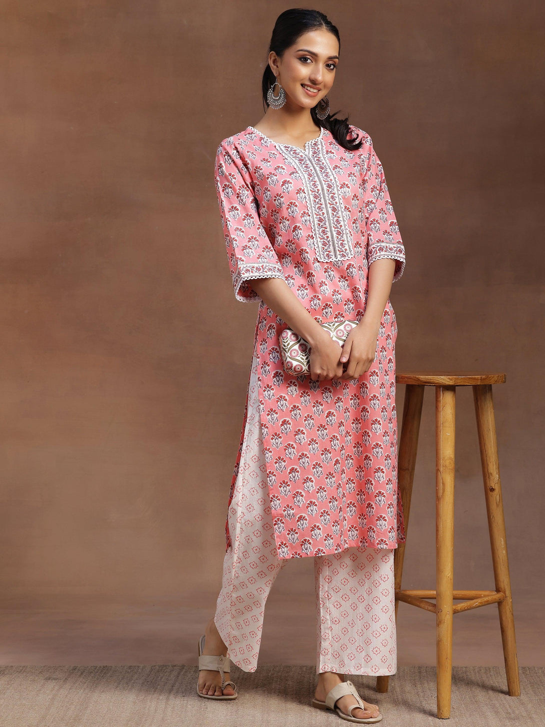 Peach Printed Cotton Straight Kurta With Palazzos - Jashvi