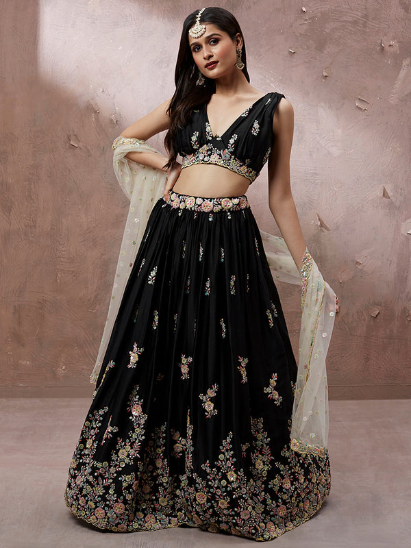 Women's Black Georgette Sequins With Zarkan Embroidery Ready To Wear  Lehenga Choli & Dupatta - Royal Dwells