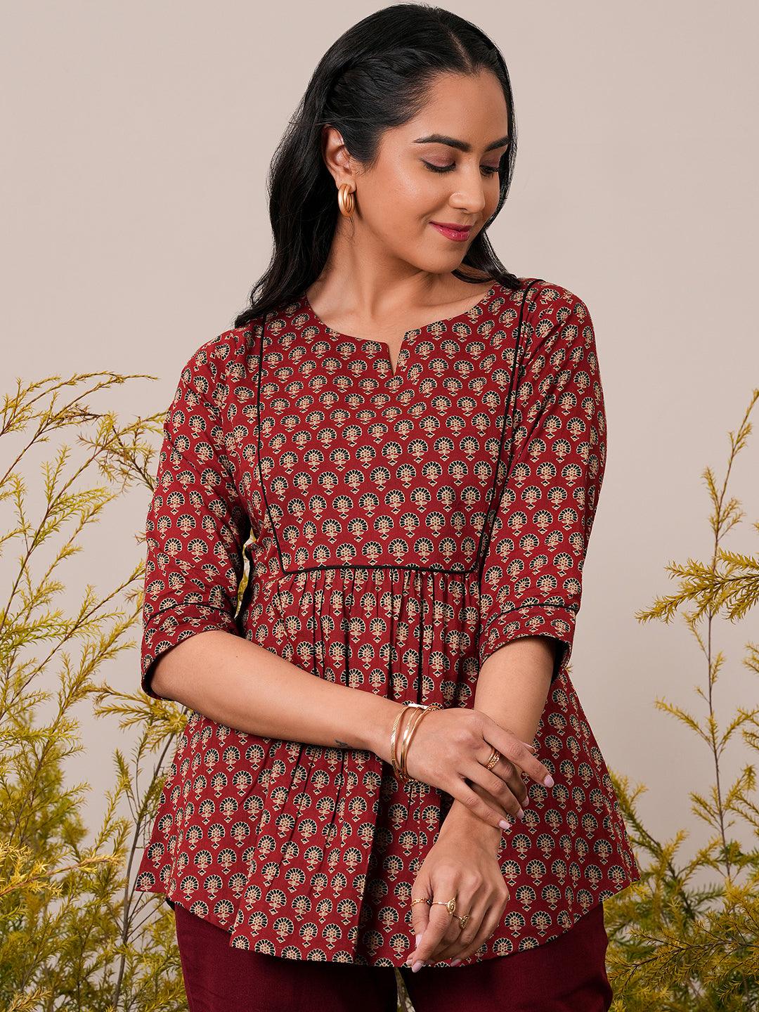 Maroon Printed Cotton A-Line Kurti - Jashvi