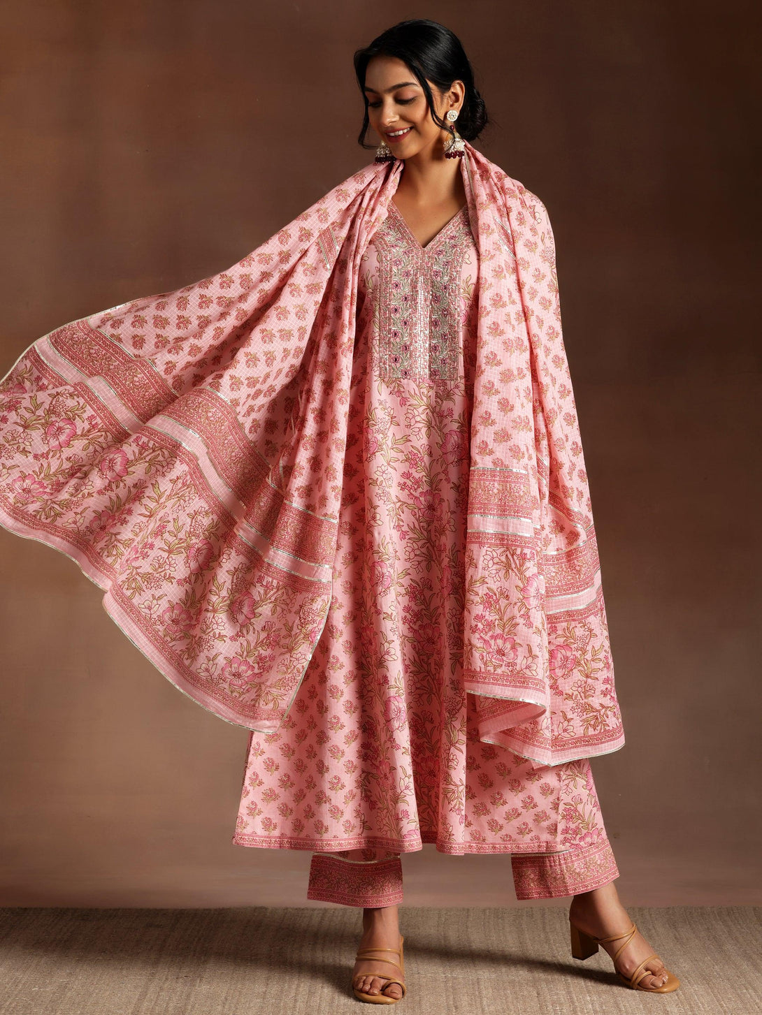 Mariyam Pink Printed Cotton A-Line Kurta With Palazzos & Dupatta - Jashvi