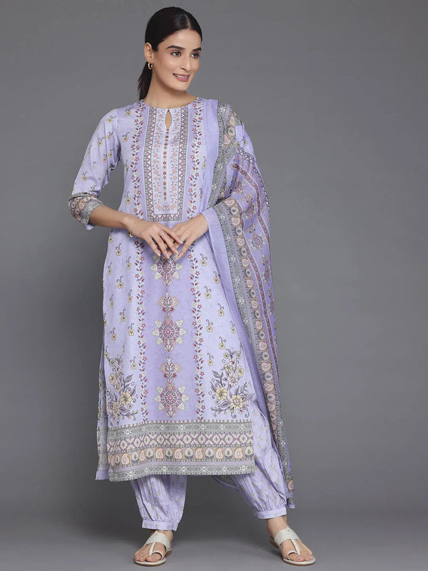 Purple Printed Poly Crepe Straight Suit With Dupatta