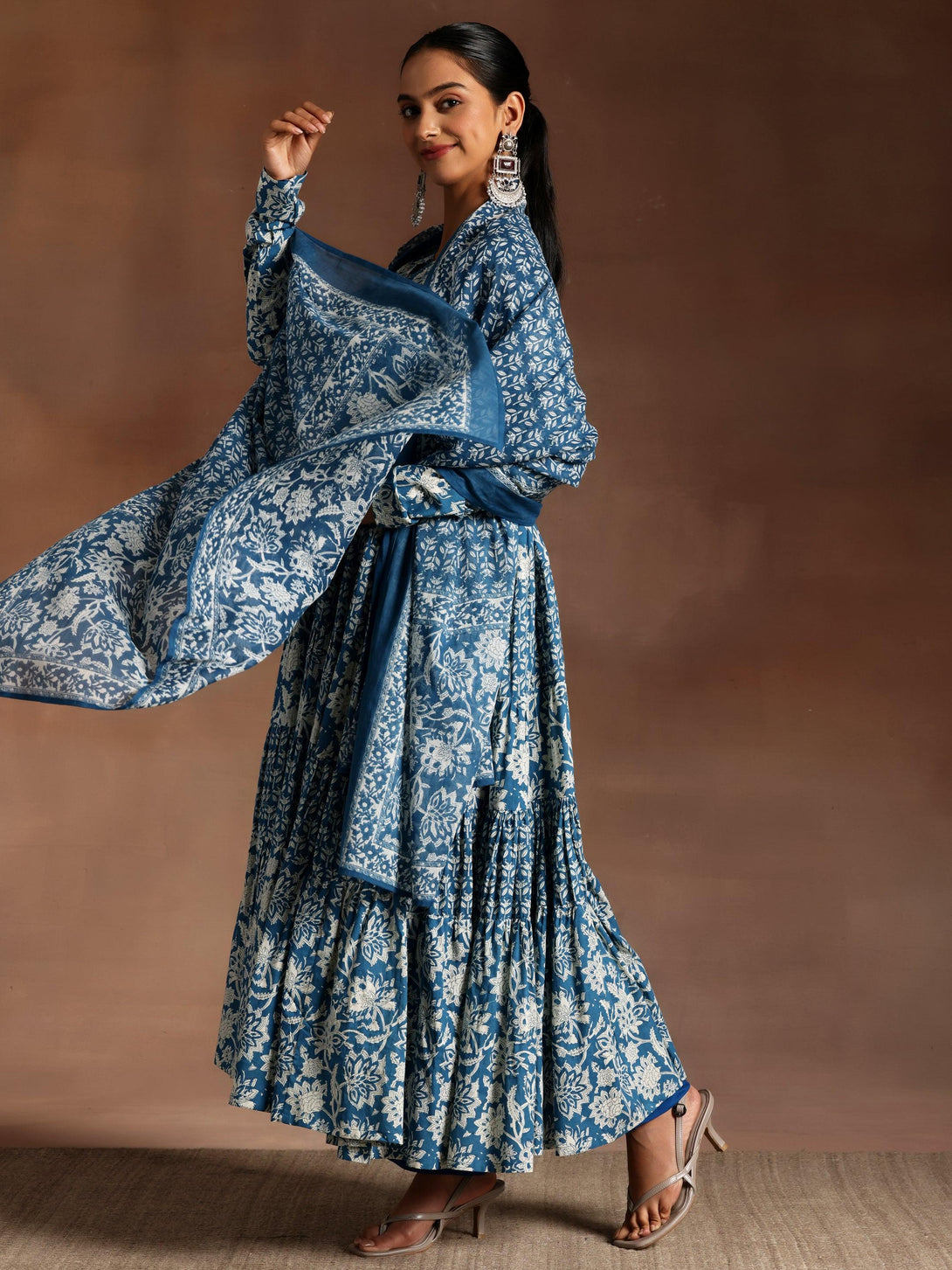 Blue Printed Cotton A-Line Kurta With Trousers & Dupatta - Jashvi