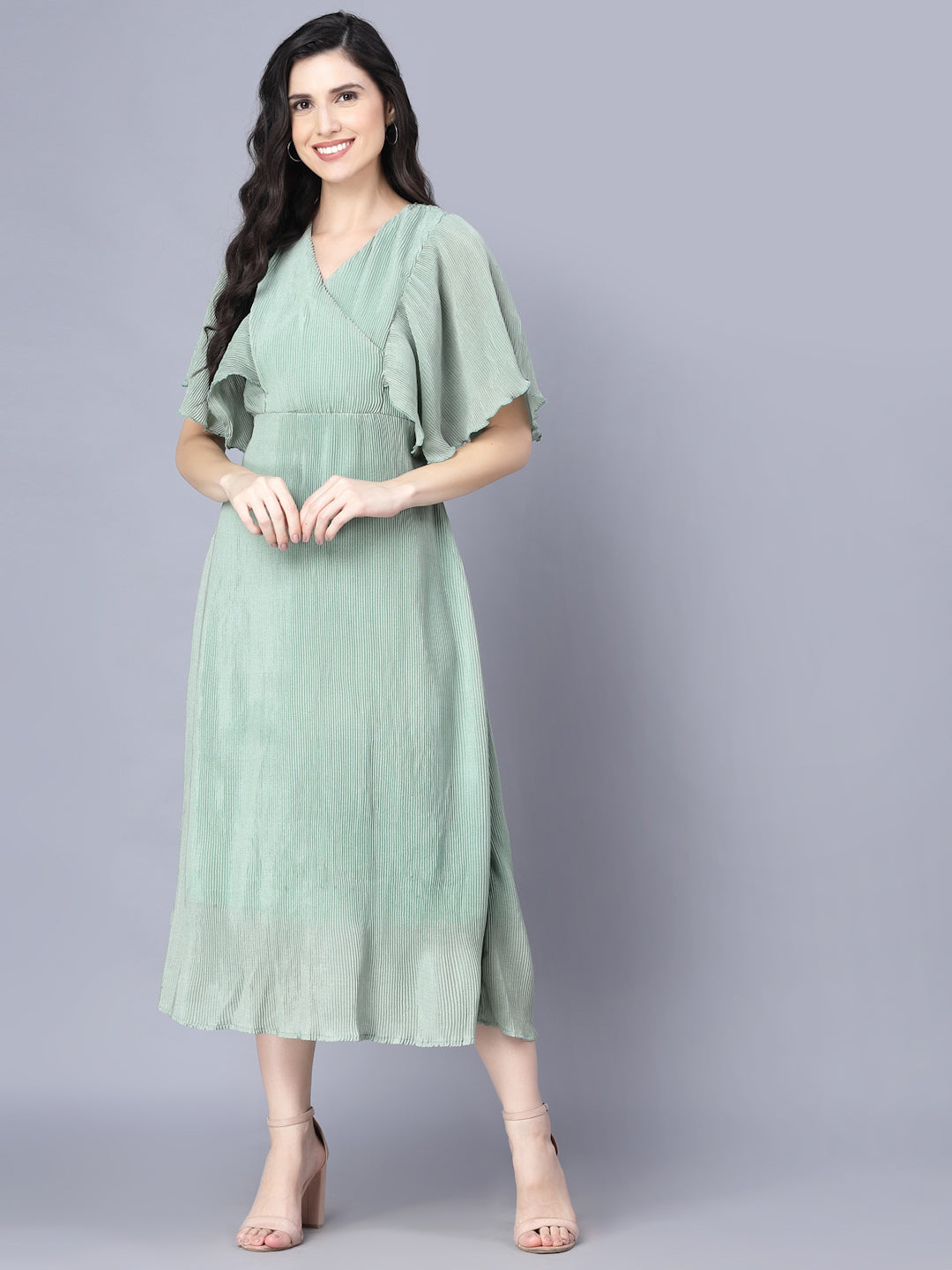 Women's Chiffon Solid Short Sleeve V Neck Green  Women Dress - Myshka