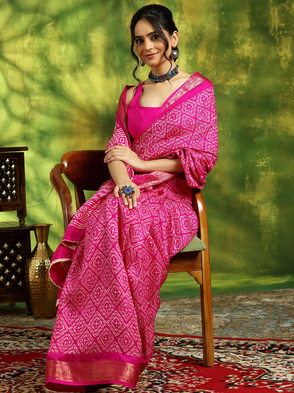 Pink Printed Silk Blend Saree With Unstitched Blouse Piece