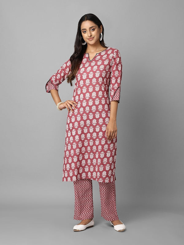 Women's Pink Floral Printed Side Slit Straight Kurta And Palazzo Set - Azira