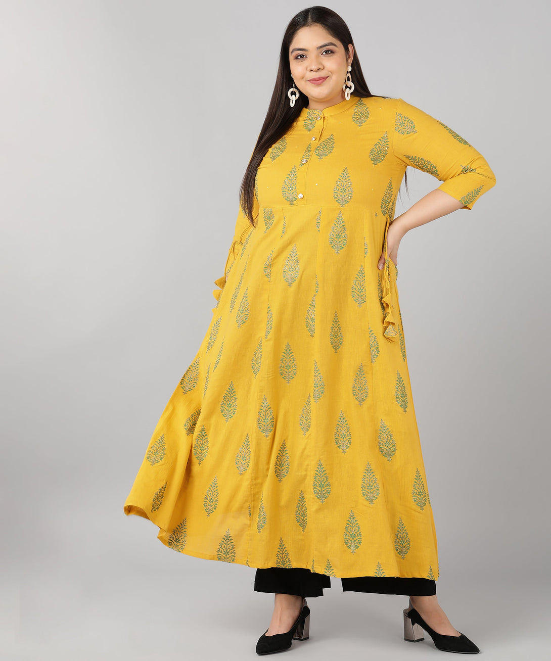 Women's Cotton Block Print Anarkali Kurta (Mustard) - Kipek