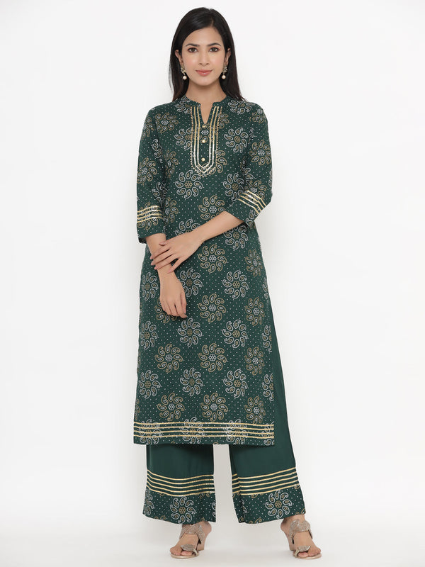 Women's Dark Green Rayon Kurta With Palazzo by Kipek (2pcs Set)