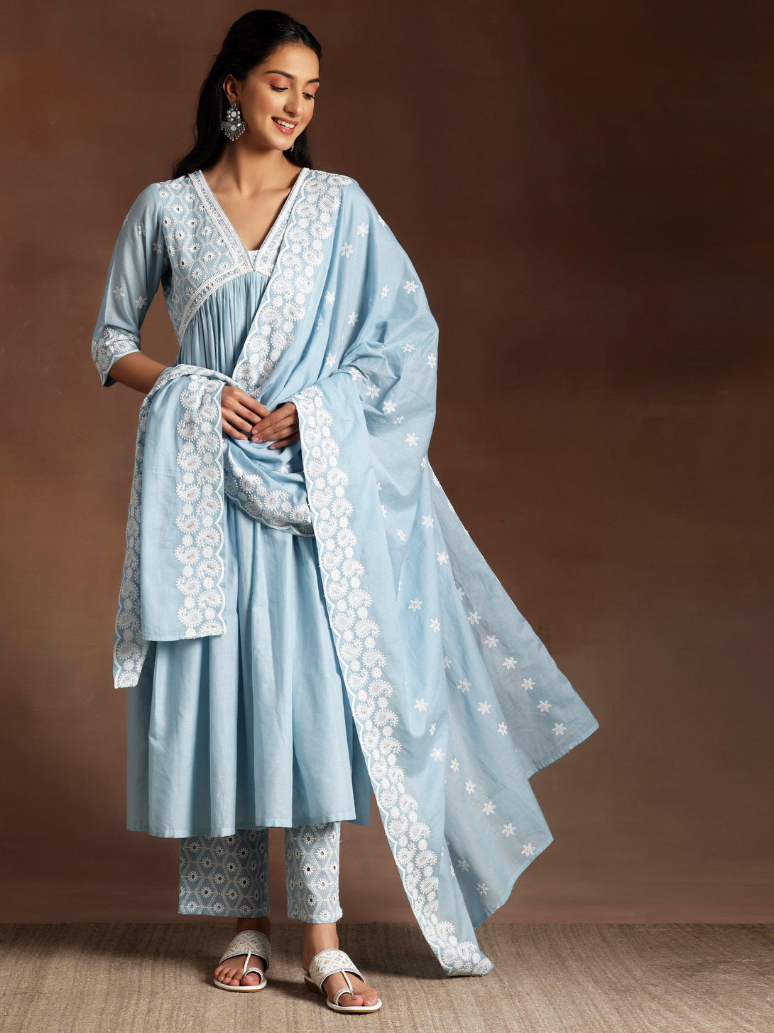 Blue Embroidered Cotton A-Line Kurta With Palazzos & Dupatta - Jashvi