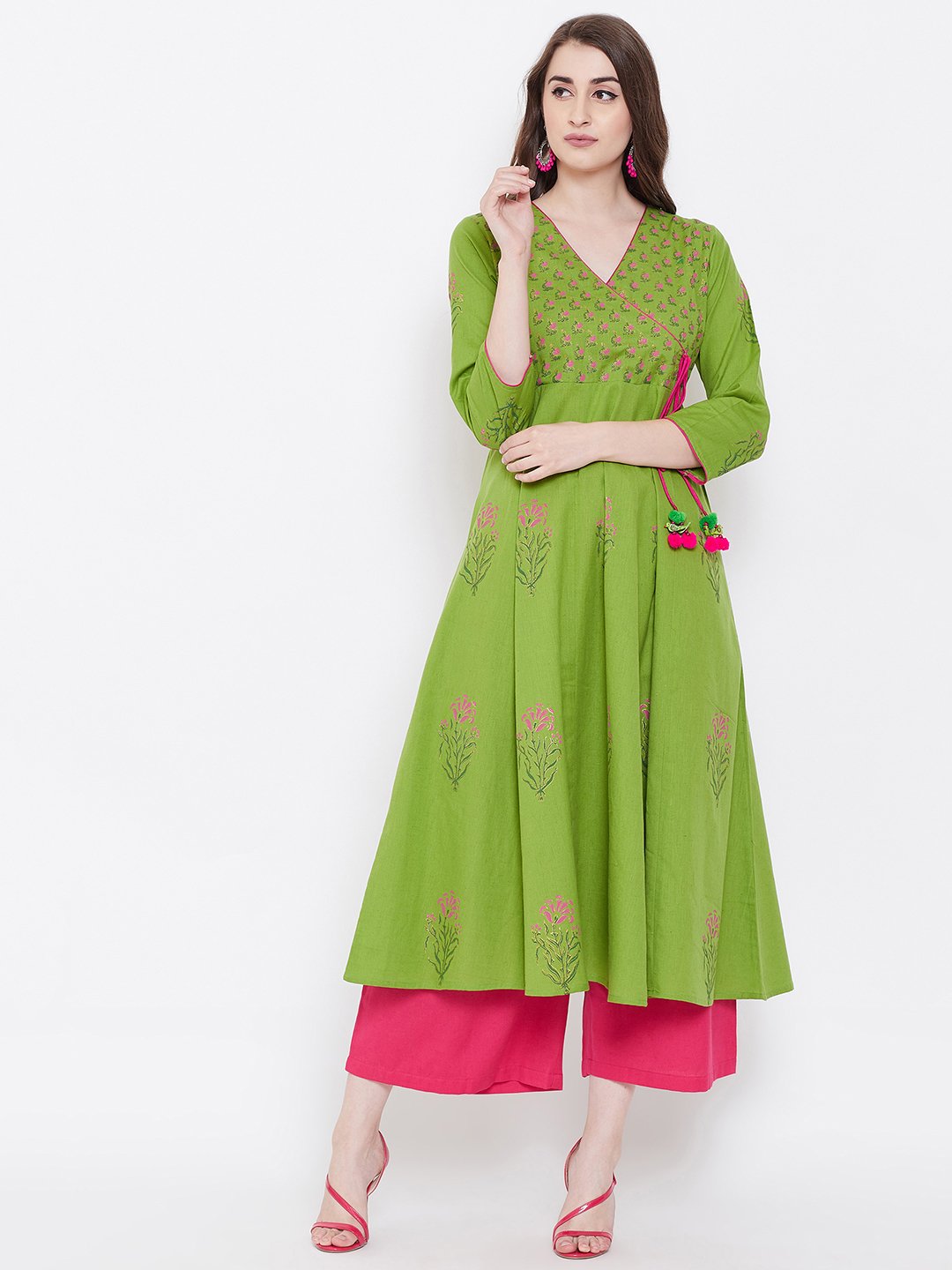 Women's Block Print Anarkali Kurta  - BitterLime