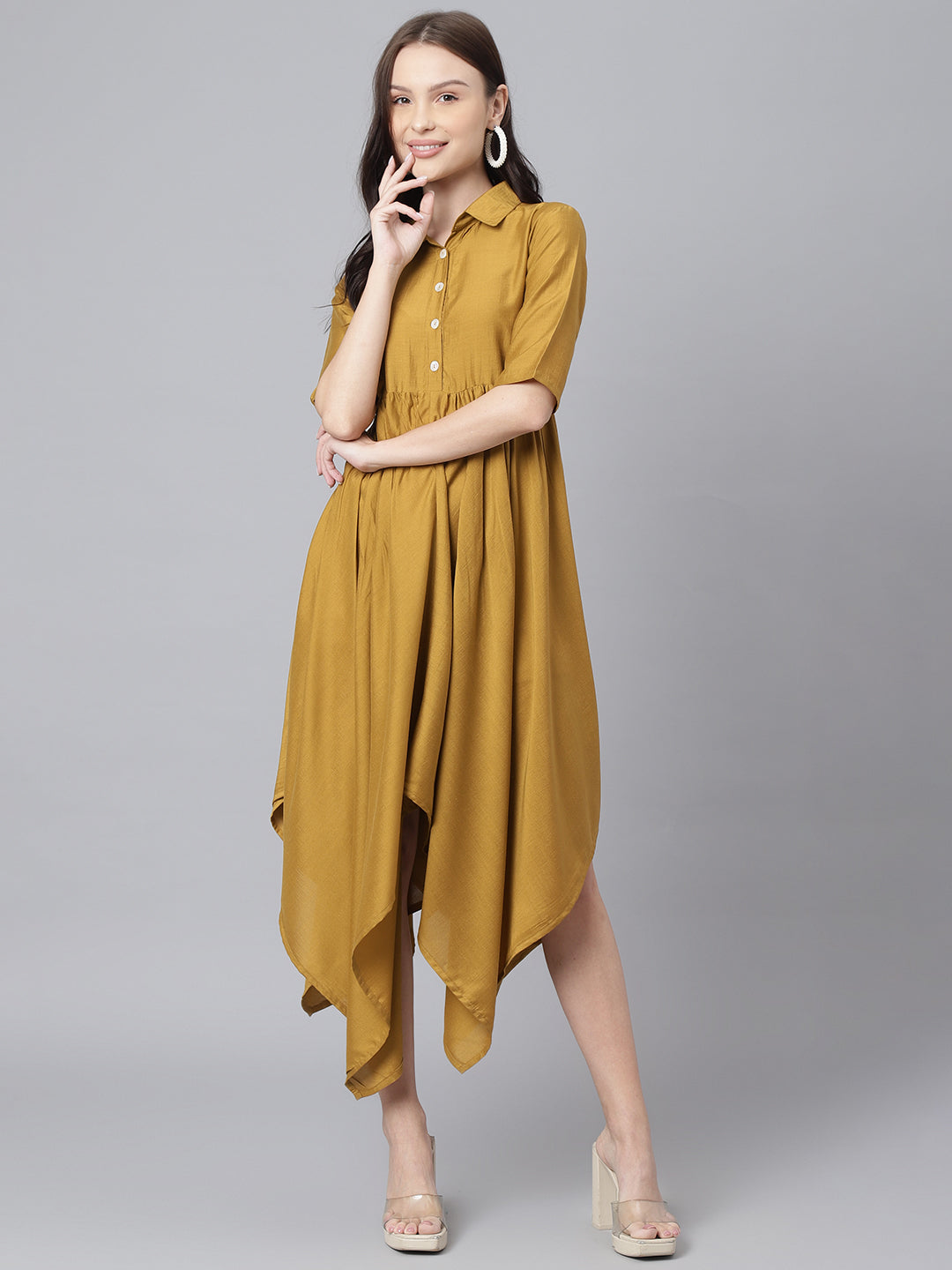 Women's Mustard Silk Asymmetric Collar Midi Dress  - DECKEDUP