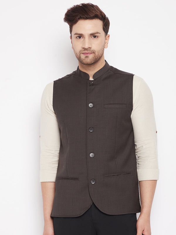 Men's Brown Color Woven Nehru Jacket - Even Apparels