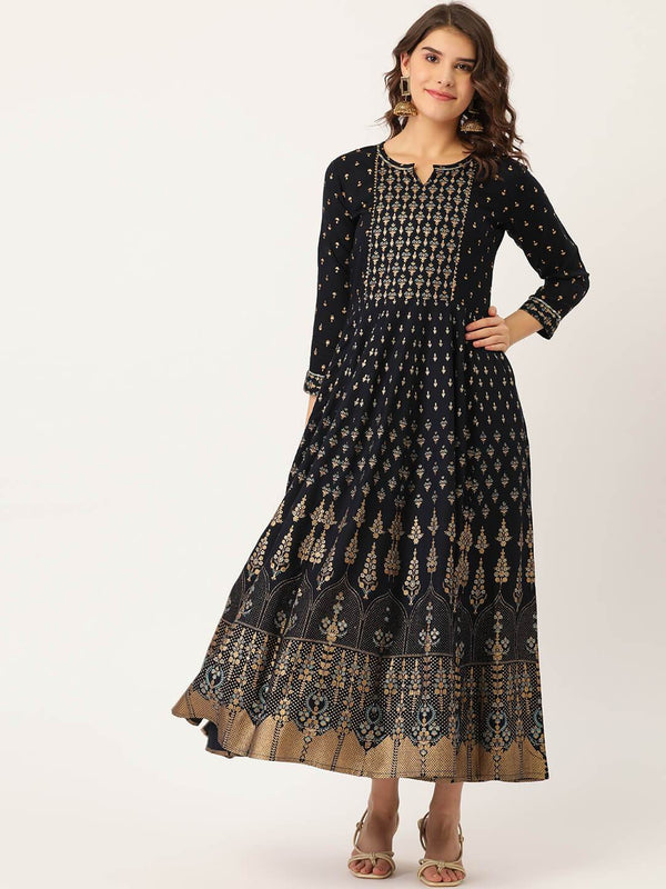 Women's Rayon Gold Printed & Gota Work Anarkali Kurta - Maaesa