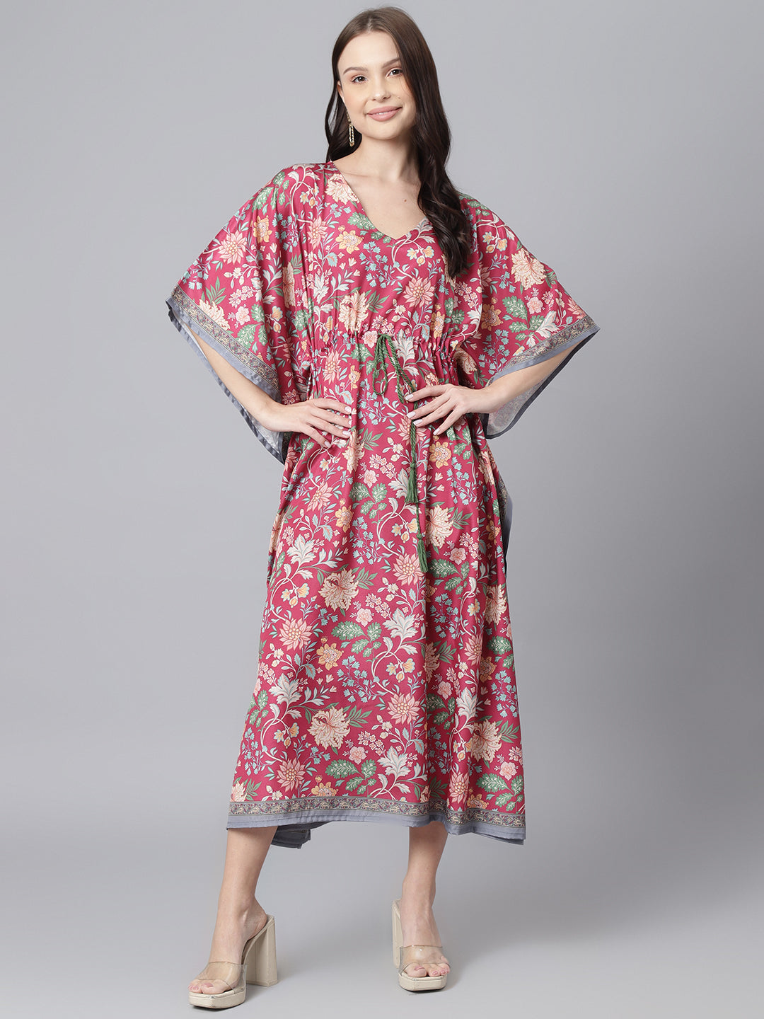 Women's Pink Floral Print Crape Silk Kaftan Dress - DECKEDUP