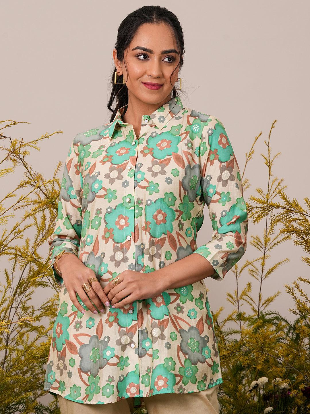 Cream Printed Silk Blend A-Line Kurti - Jashvi