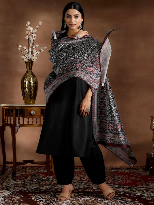 Black Solid Silk Blend Straight Suit With Dupatta