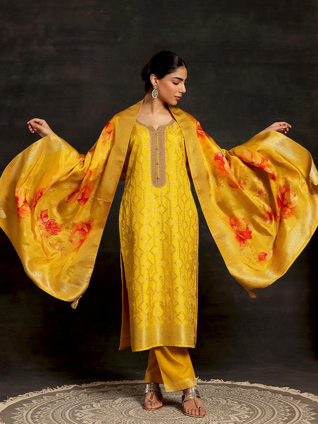 Mustard Woven Design Silk Blend Straight Suit With Dupatta - Jashvi