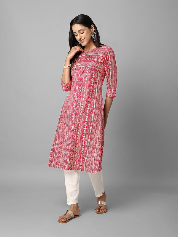 Women's Pink And Cream Abstract Printed Side Slit Straight Kurta - Azira