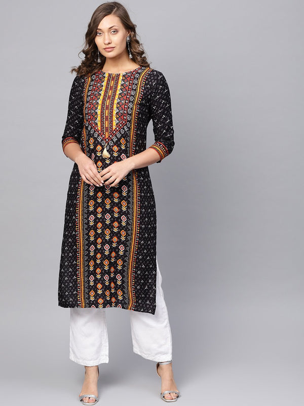 Women's Black & Orange Printed Straight Kurta - Anubhutee USA