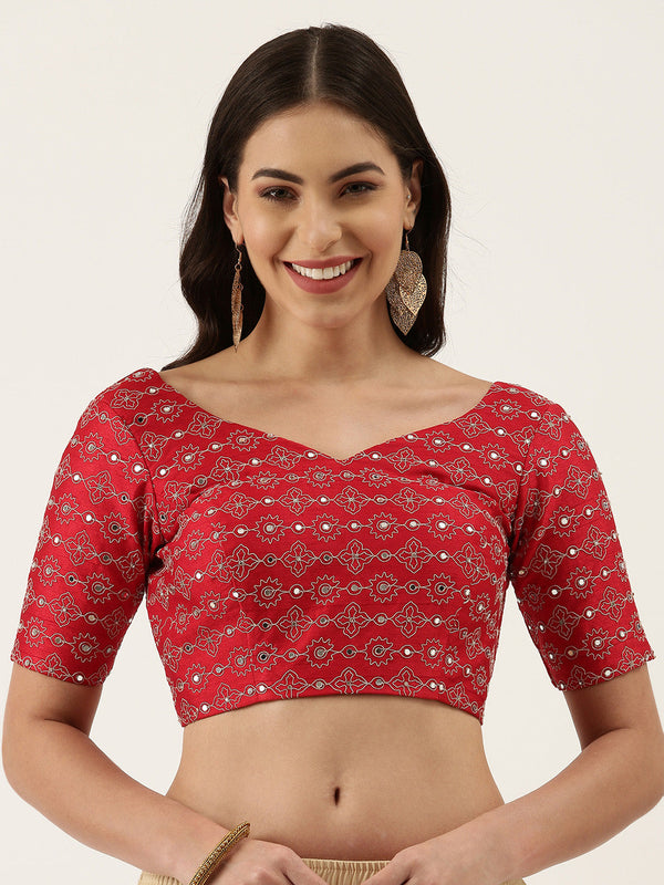 Women's Red Mirror Work Pure Silk Blouse - Royal Dwells