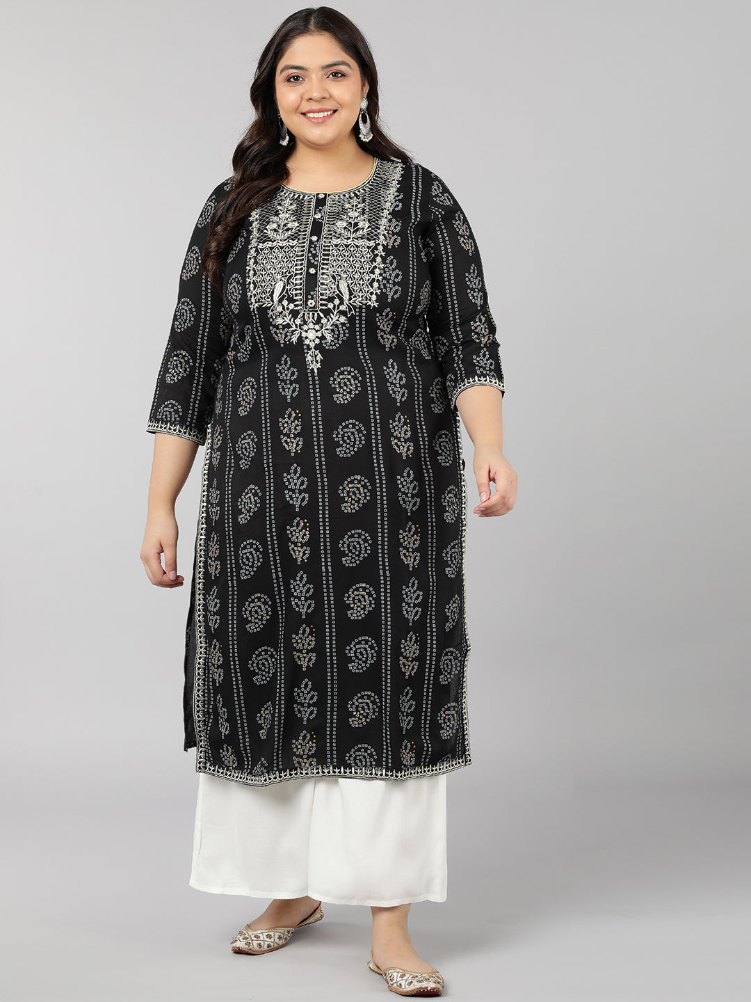 Women's Rayon Bandhani Print Straight Kurta (Black) - Kipek