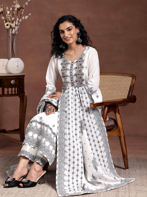 White Woven Design Linen Straight Suit With Dupatta - Jashvi