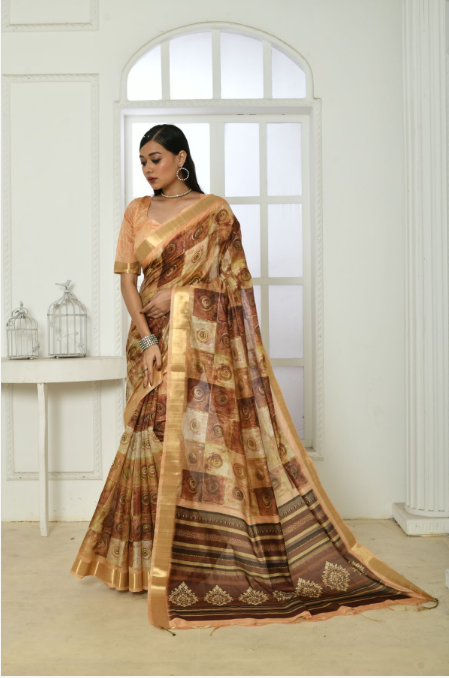 Women's Yellow Printed Cotton Silk Saree with Tassels - Vishnu Weaves