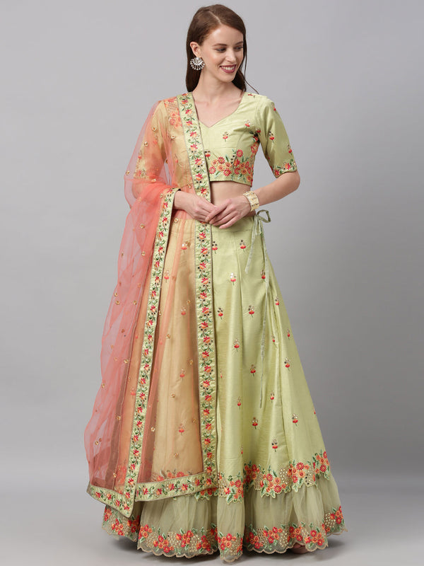 Women's Pista Art Silk  Coding And Mirror Work Lehenga Choli - Royal Dwells