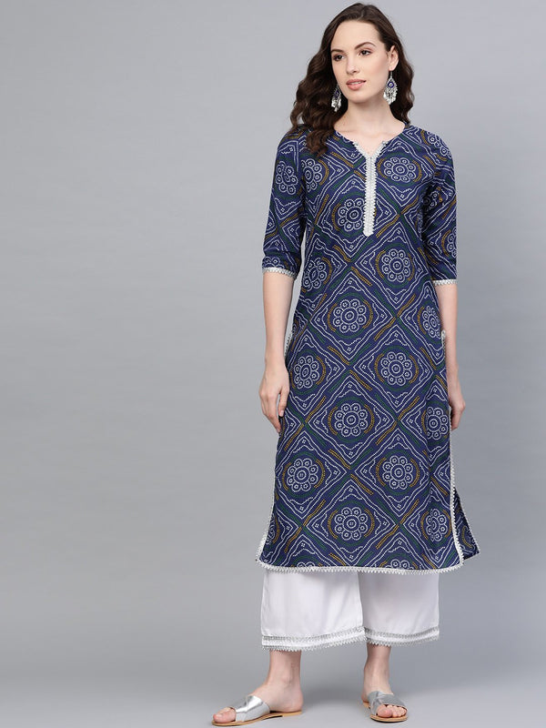 Women Blue Cotton Printed Kurta Palazzo Set by Myshka (2 Pc Set)