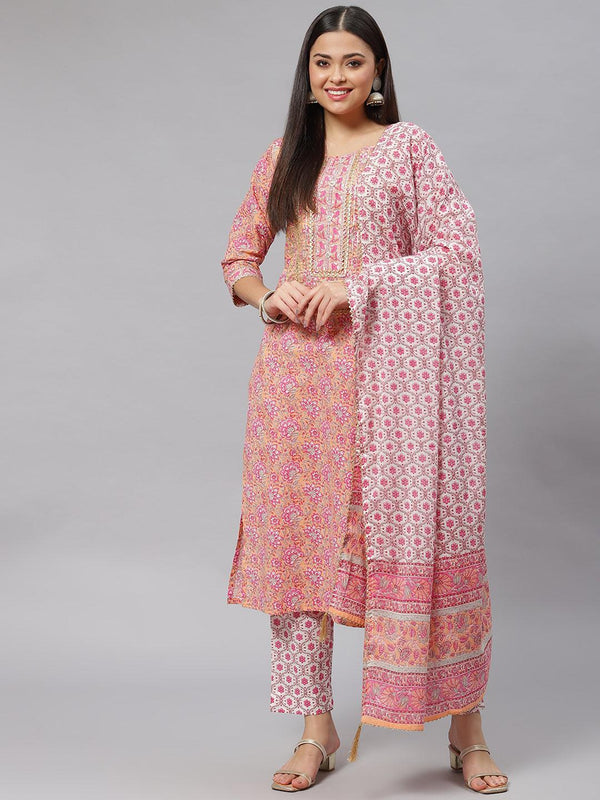 Women's Pink Cotton kurta Pant set with Dupatta - Taantav