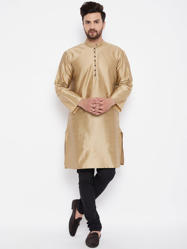 Men's Woven Design Gold Straight  Kurta - Even Apparels