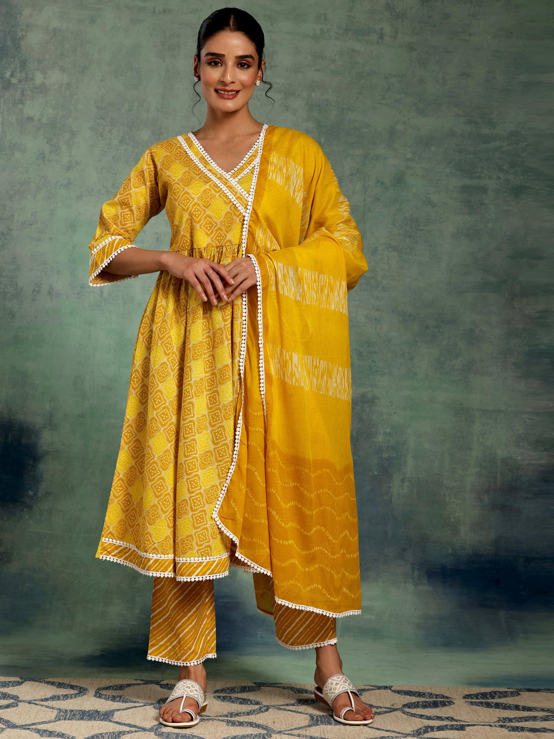 Mustard Printed Cotton A-Line Kurta With Palazzos & Dupatta - Jashvi