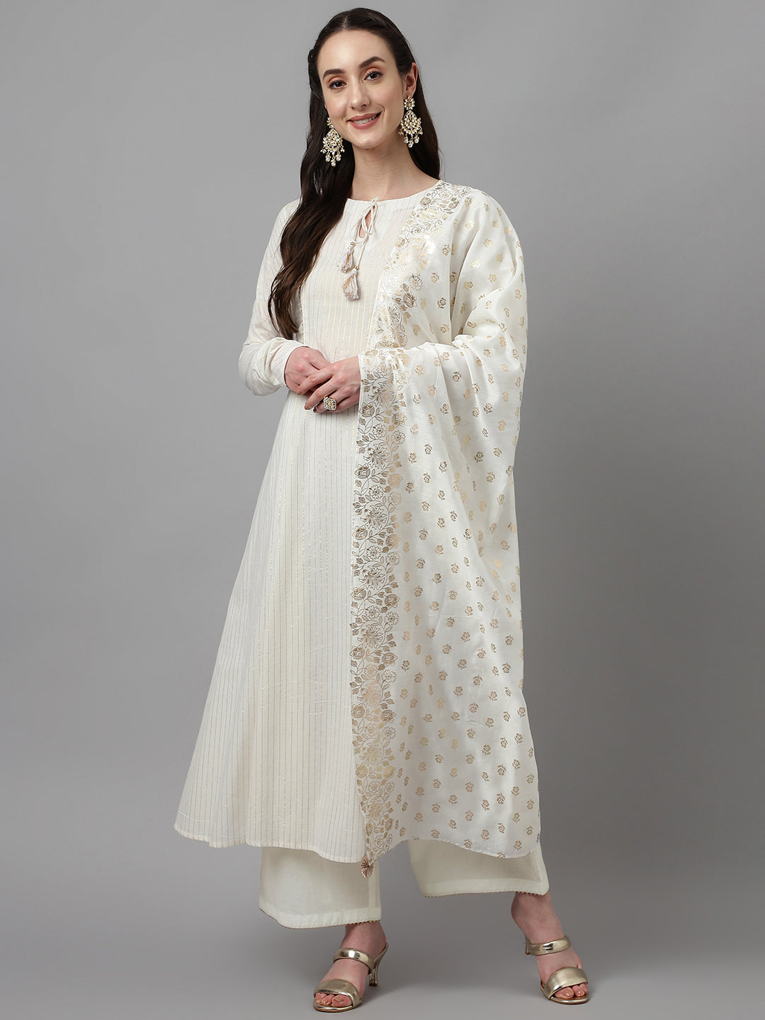 Women's White Pure Cotton Flared Kurta Palazzo Set With Dupatta - Fiorra