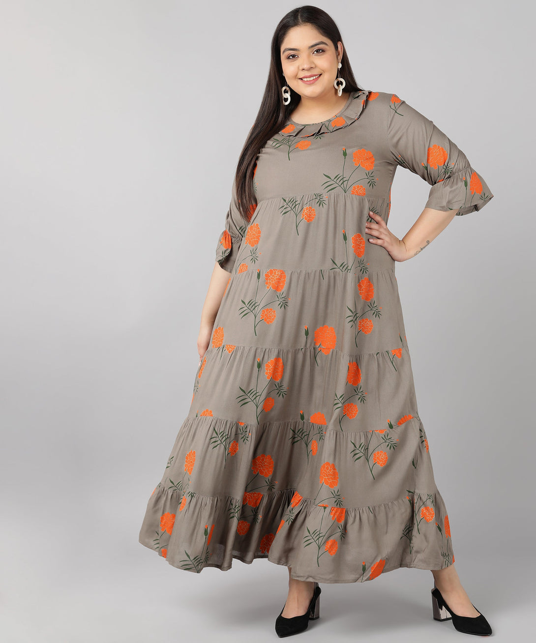 Women's Rayon Floral Print Flared Ethnic Gown (Grey) - Kipek