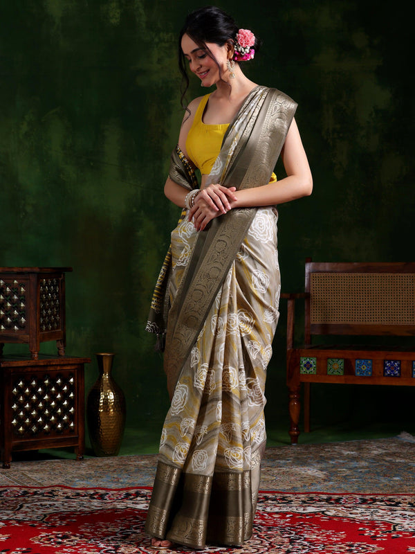 Taupe Printed Silk Blend Saree With Unstitched Blouse Piece