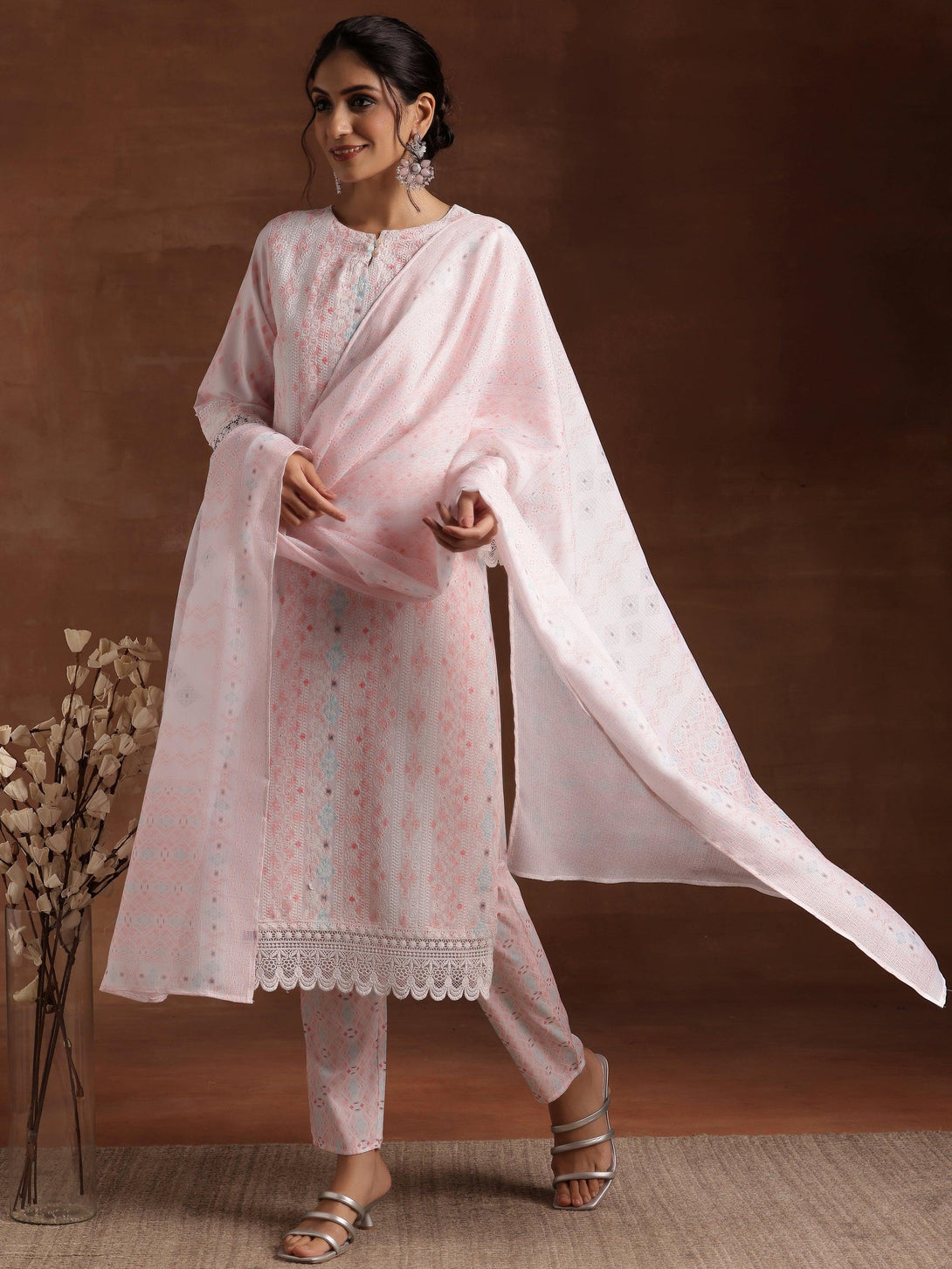 Peach Embroidered Cotton Blend Straight Suit With Dupatta - Jashvi