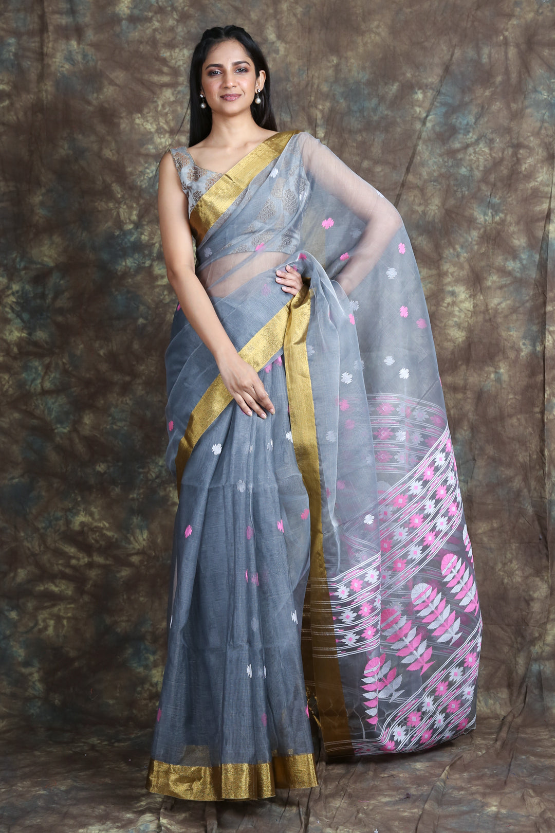 Women's  Muslin Saree with Allover Weaving Butta and Pallu - Charukriti