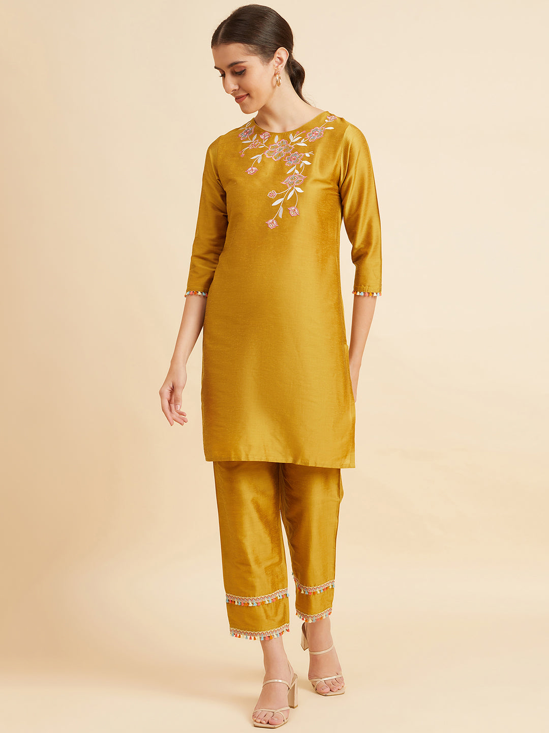 Women's Tafeta Yellow Embroidered Co-Ords - Azira