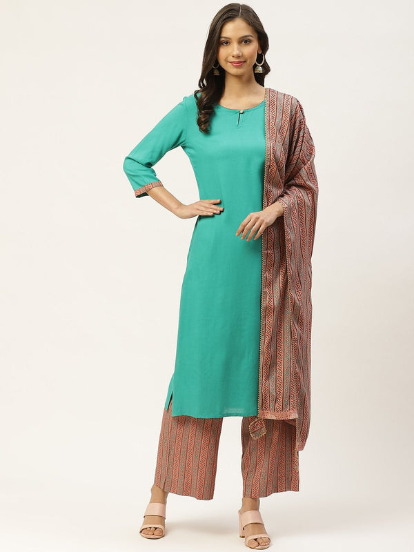 Women's Blue Solid Kurta with Ethnic Motifs Hand Printed Palazzos & Dupatta - Maaesa