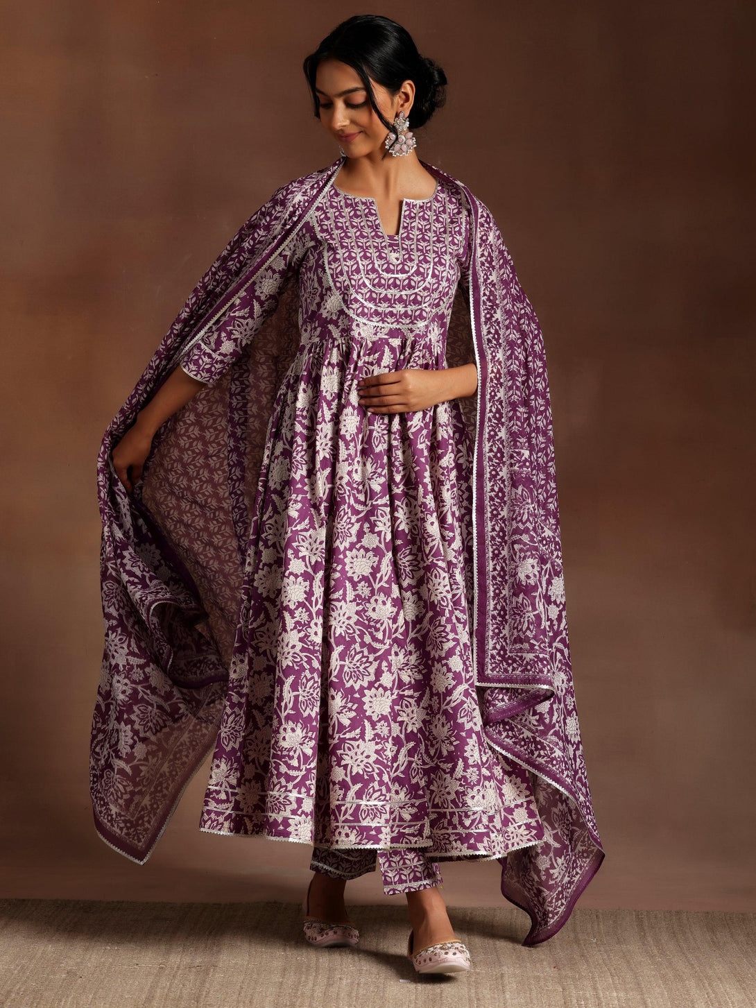 Purple Printed Cotton Anarkali Suit With Dupatta - Jashvi