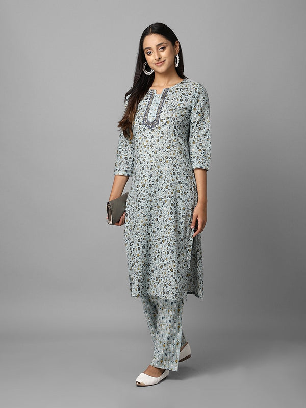 Women's Grey Floral Printed Side Slit Straight Kurta Palazzo Set - Azira