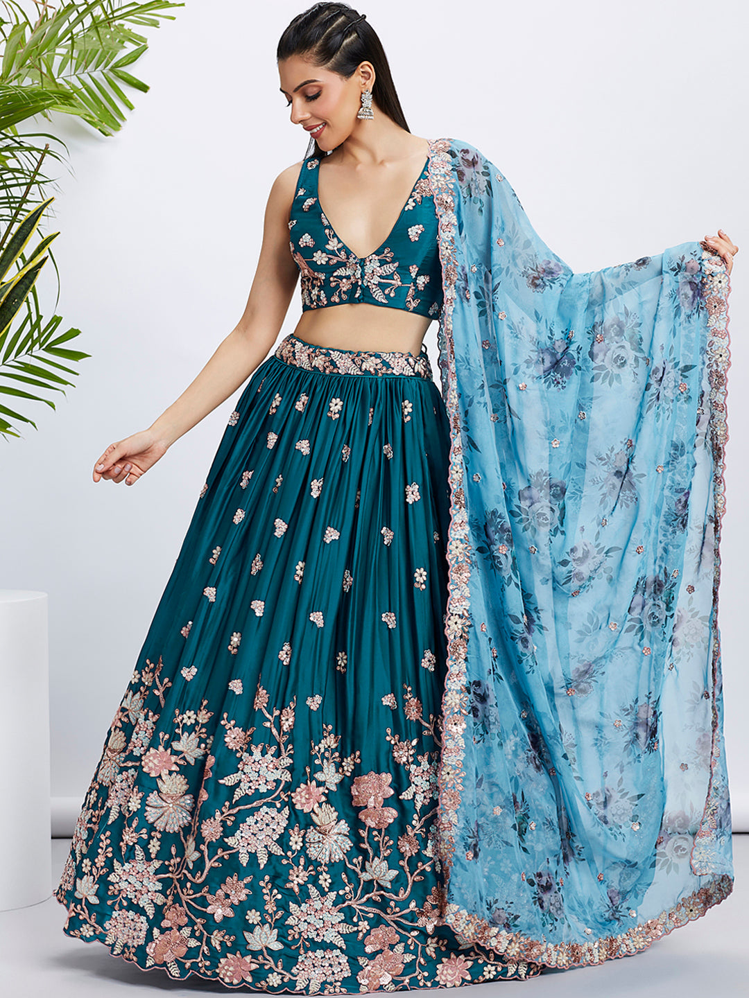 Women's Blue Pure Georgette Sequins And Thread Embroidery  Lehenga Choli & Dupatta - Royal Dwells