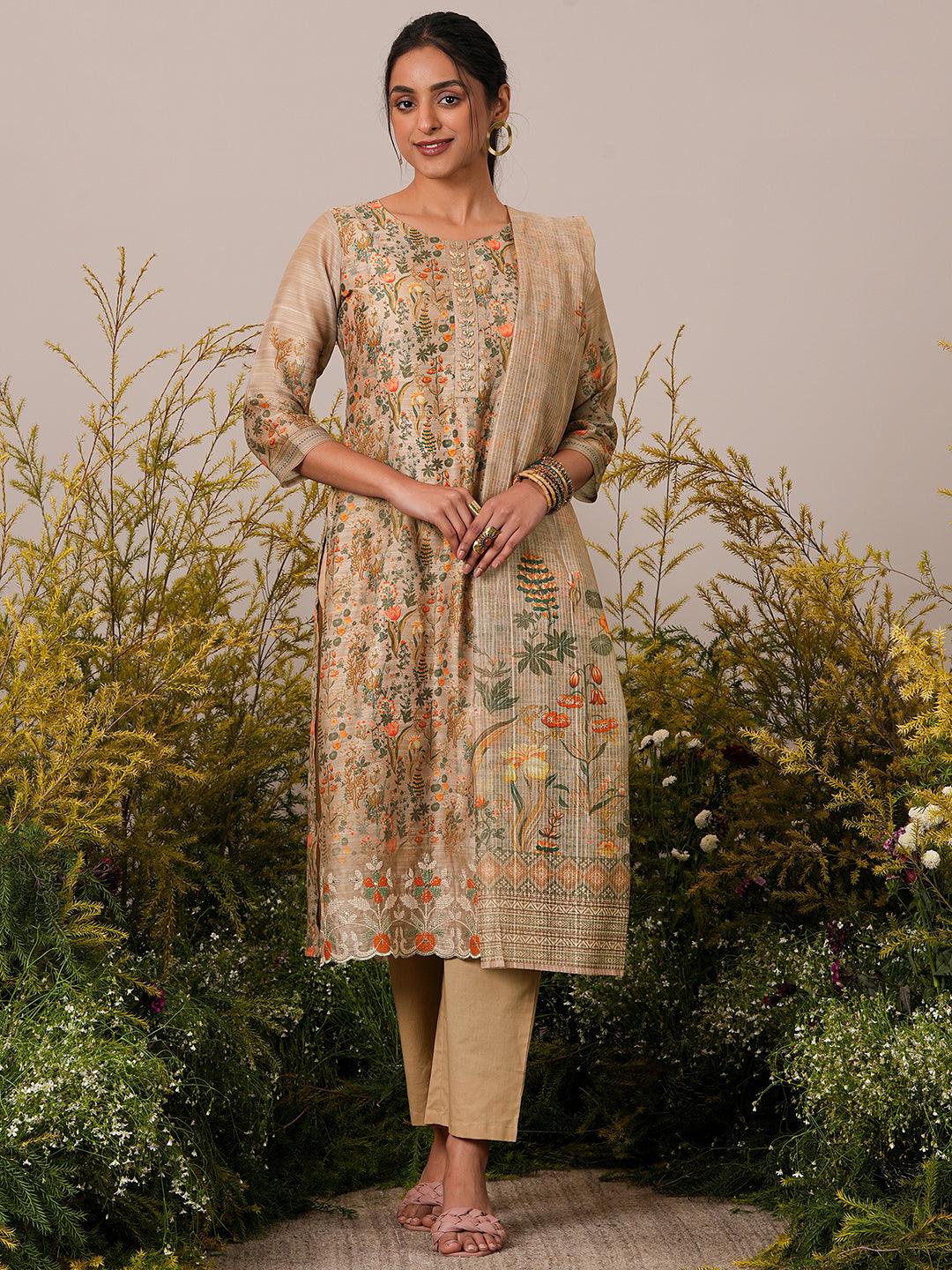 Tan Printed Chanderi Silk Straight Suit With Dupatta - Jashvi