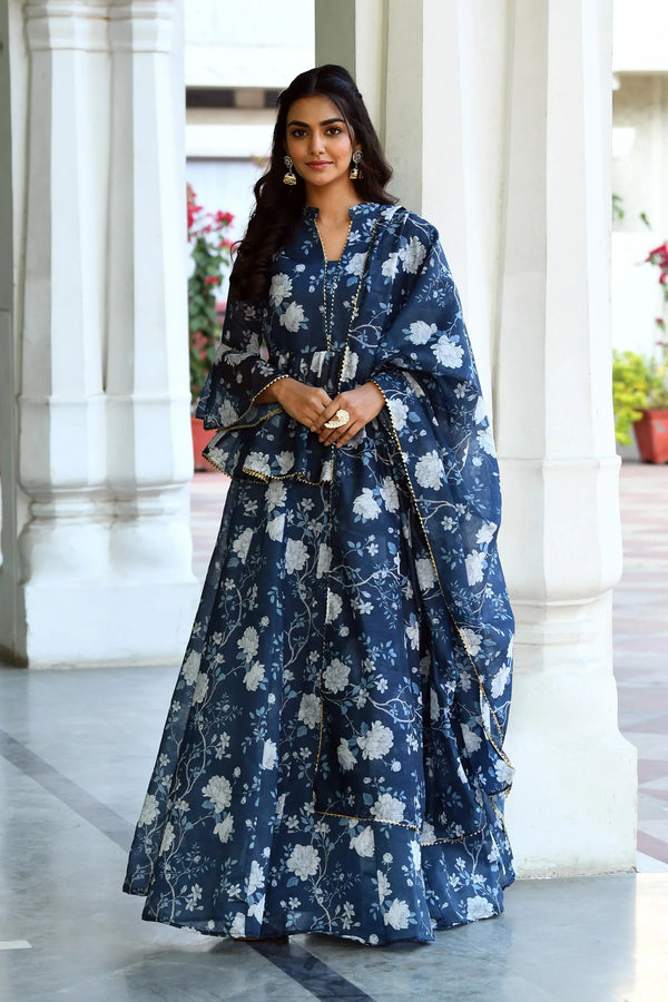 Women's Navy Blue Floral Lehenga Set  - Saras The Label -3Pc Set